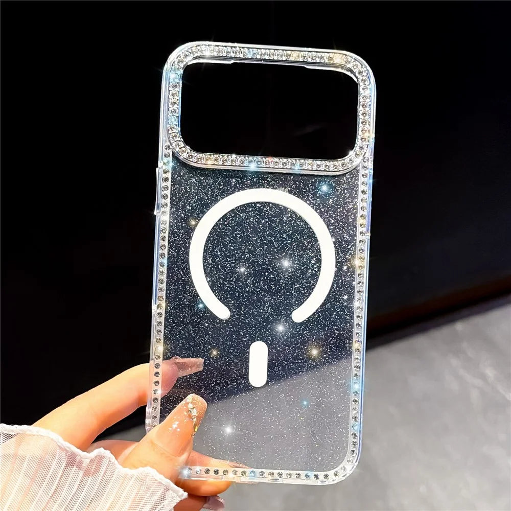 For iPhone 18 Pro Max / 17 Pro Max Compatible with MagSafe Rhinestone Edge Glitter Back TPU + PC IMD Phone Cover - Glitter Transparent - 1