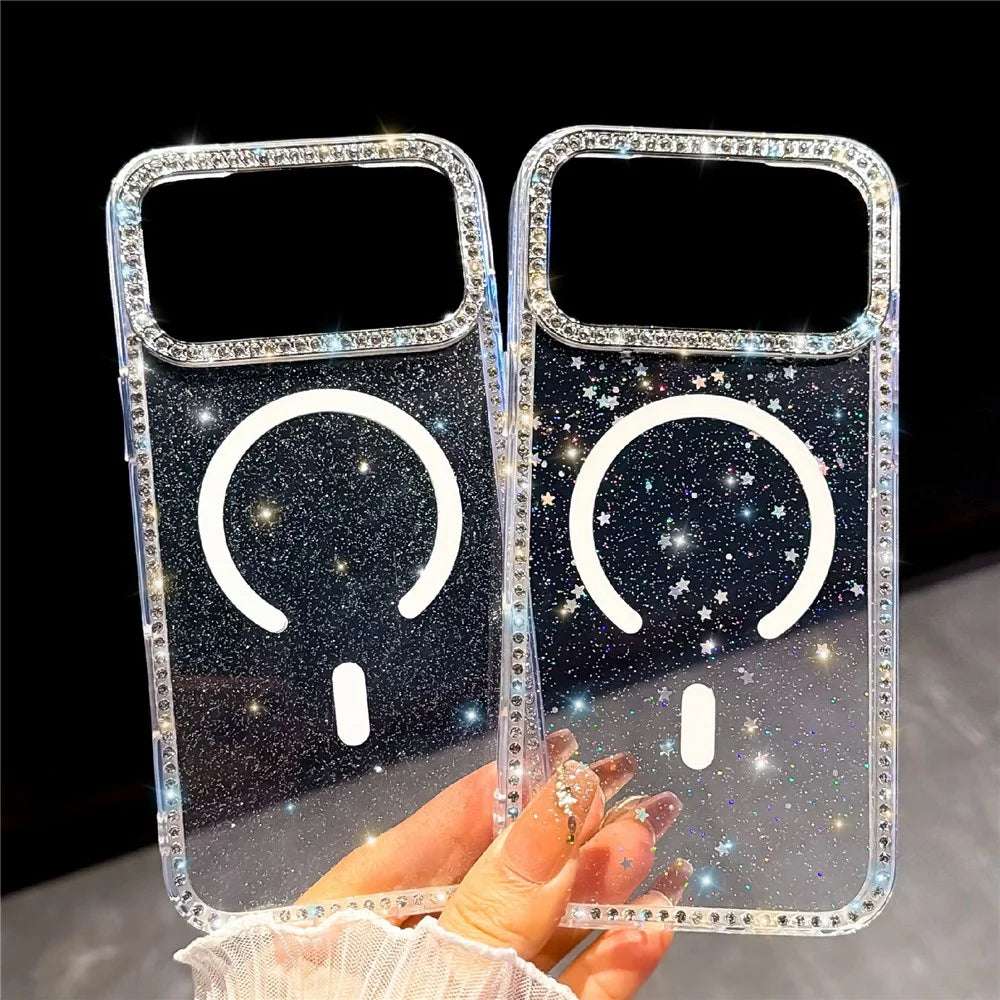For iPhone 18 Pro / 17 Pro Compatible with MagSafe Rhinestone Edge Glitter Back TPU + PC IMD Phone Cover - Glitter Transparent - 6