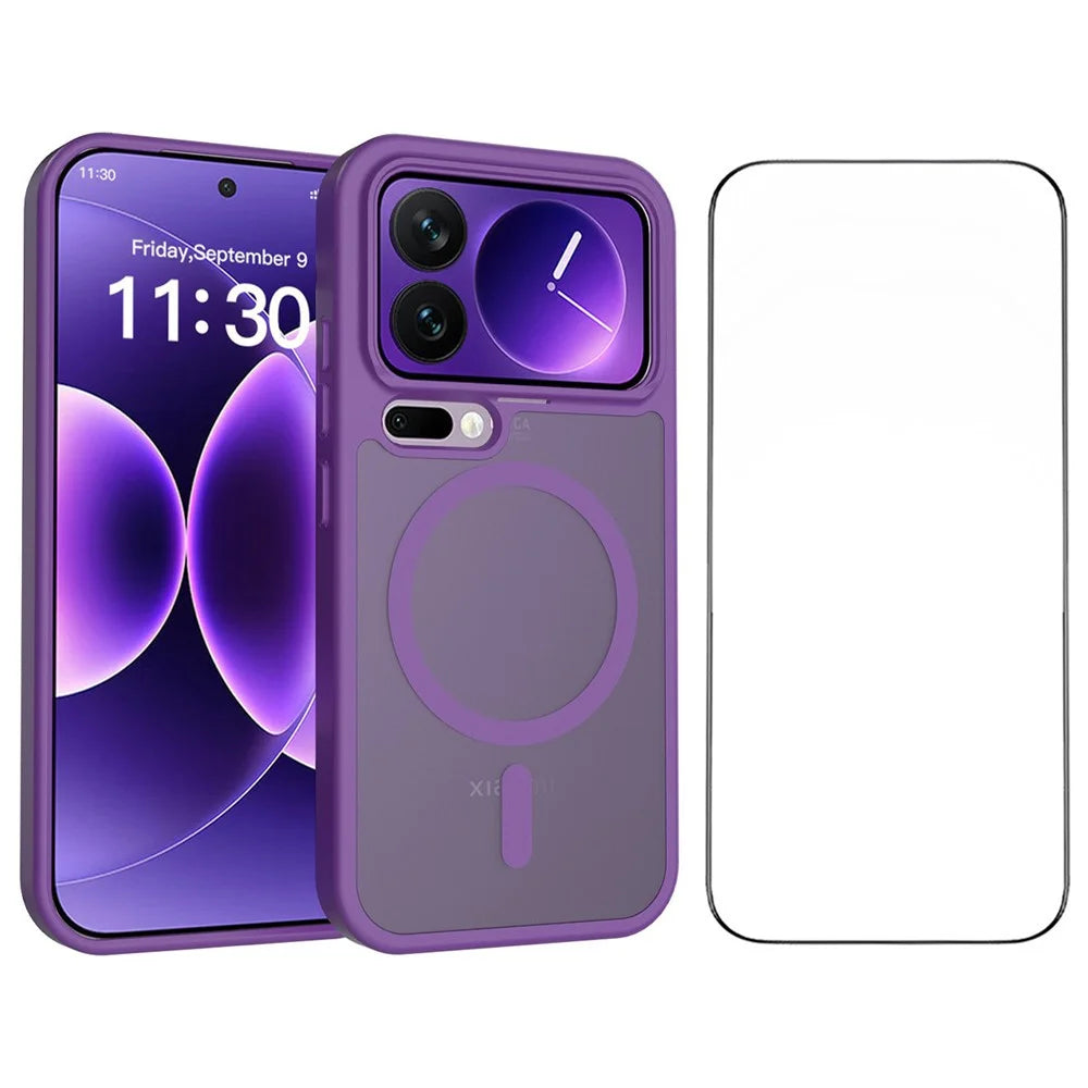 For Xiaomi 17 Pro Magnetic Phone Case Matte Finish TPU PC Shockproof Phone Cover with Tempered Glass - Dark Purple - 1