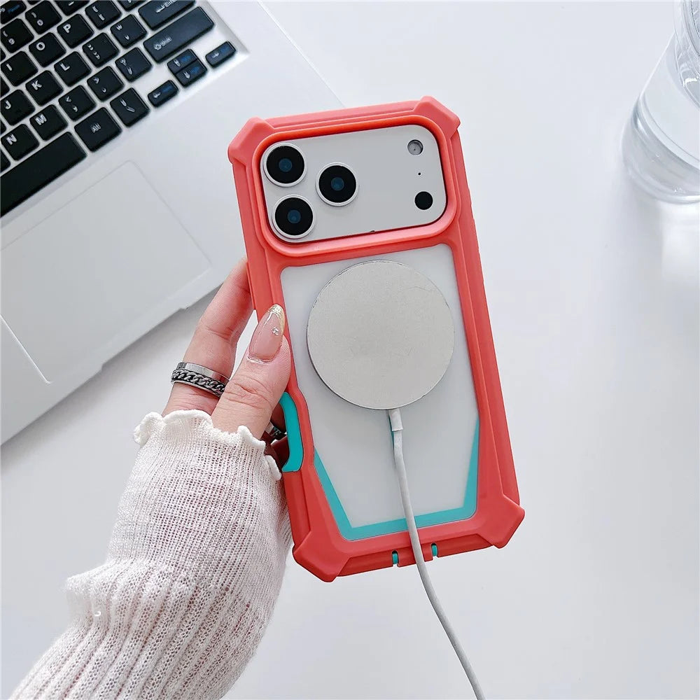 For iPhone 17 Pro Case Compatible with MagSafe Dual Color Design Shockproof Phone Cover with Tempered Glass Film - Orange / Blue - 2