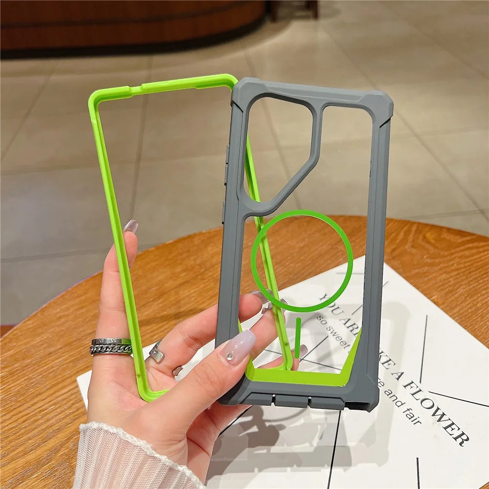 For Samsung Galaxy S25 Ultra Magnetic Case TPU + Acrylic Protective  Phone Cover with Tempered Glass - Orange  /  Blue - 3