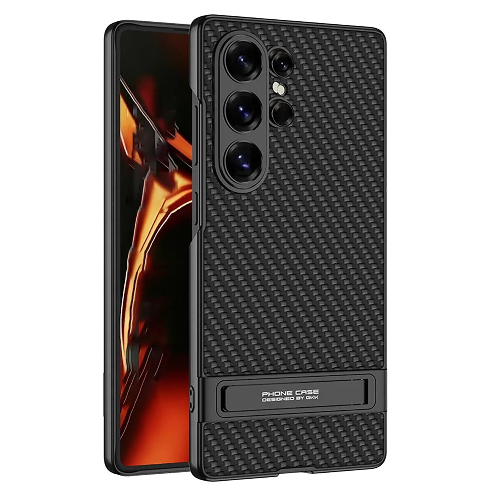 GKK For Samsung Galaxy S26 Ultra Case Slim Kickstand PC + PU Phone Back Cover - Carbon Fiber Texture - 1