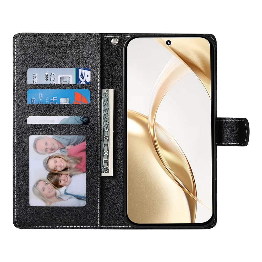 For Samsung Galaxy S26+ Case Magnetic Snap Litchi Texture Leather Wallet Phone Cover with Wrist Strap - Black - 2