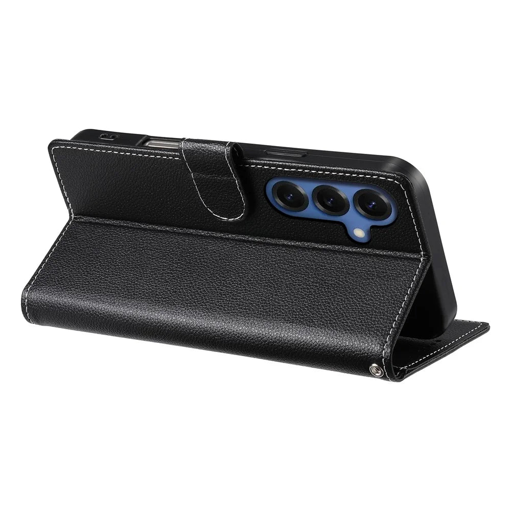For Samsung Galaxy S26+ Case Magnetic Snap Litchi Texture Leather Wallet Phone Cover with Wrist Strap - Black - 3