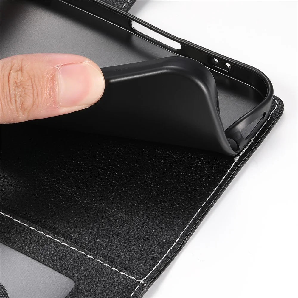 For Samsung Galaxy S26+ Case Magnetic Snap Litchi Texture Leather Wallet Phone Cover with Wrist Strap - Black - 6