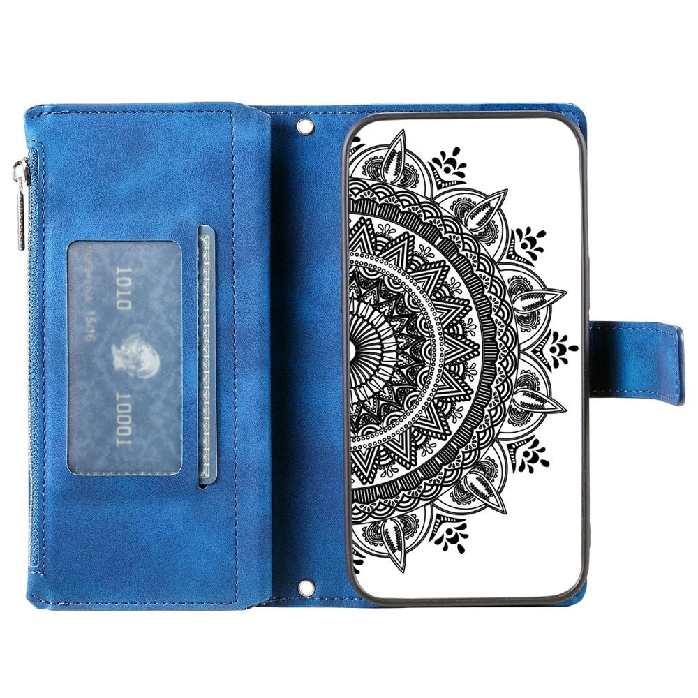 Zipper Pocket Wallet Case for Samsung Galaxy S21+ 5G, Mandala Flower Imprinted PU Leather Stand Cover with Multiple Card Slots - Blue - 2