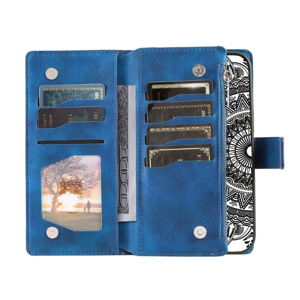 Zipper Pocket Wallet Case for Samsung Galaxy S21+ 5G, Mandala Flower Imprinted PU Leather Stand Cover with Multiple Card Slots - Blue - 4