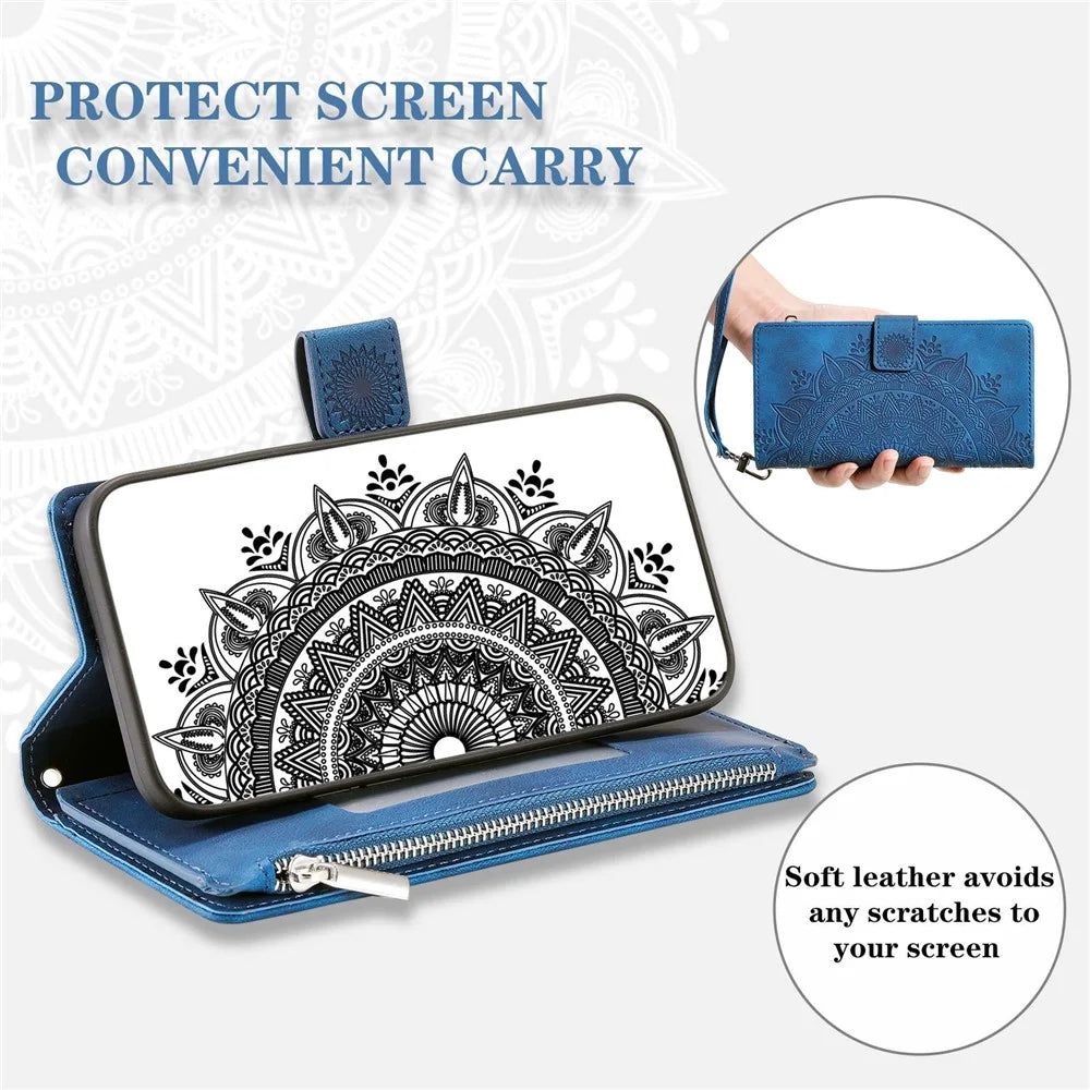 Zipper Pocket Wallet Case for Samsung Galaxy S21+ 5G, Mandala Flower Imprinted PU Leather Stand Cover with Multiple Card Slots - Blue - 5