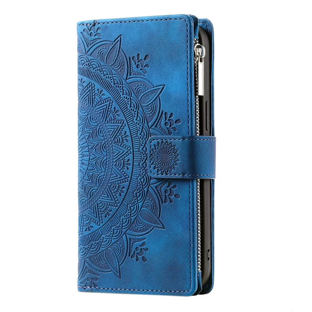 Zipper Pocket Wallet Case for Samsung Galaxy S21+ 5G, Mandala Flower Imprinted PU Leather Stand Cover with Multiple Card Slots - Blue - 7