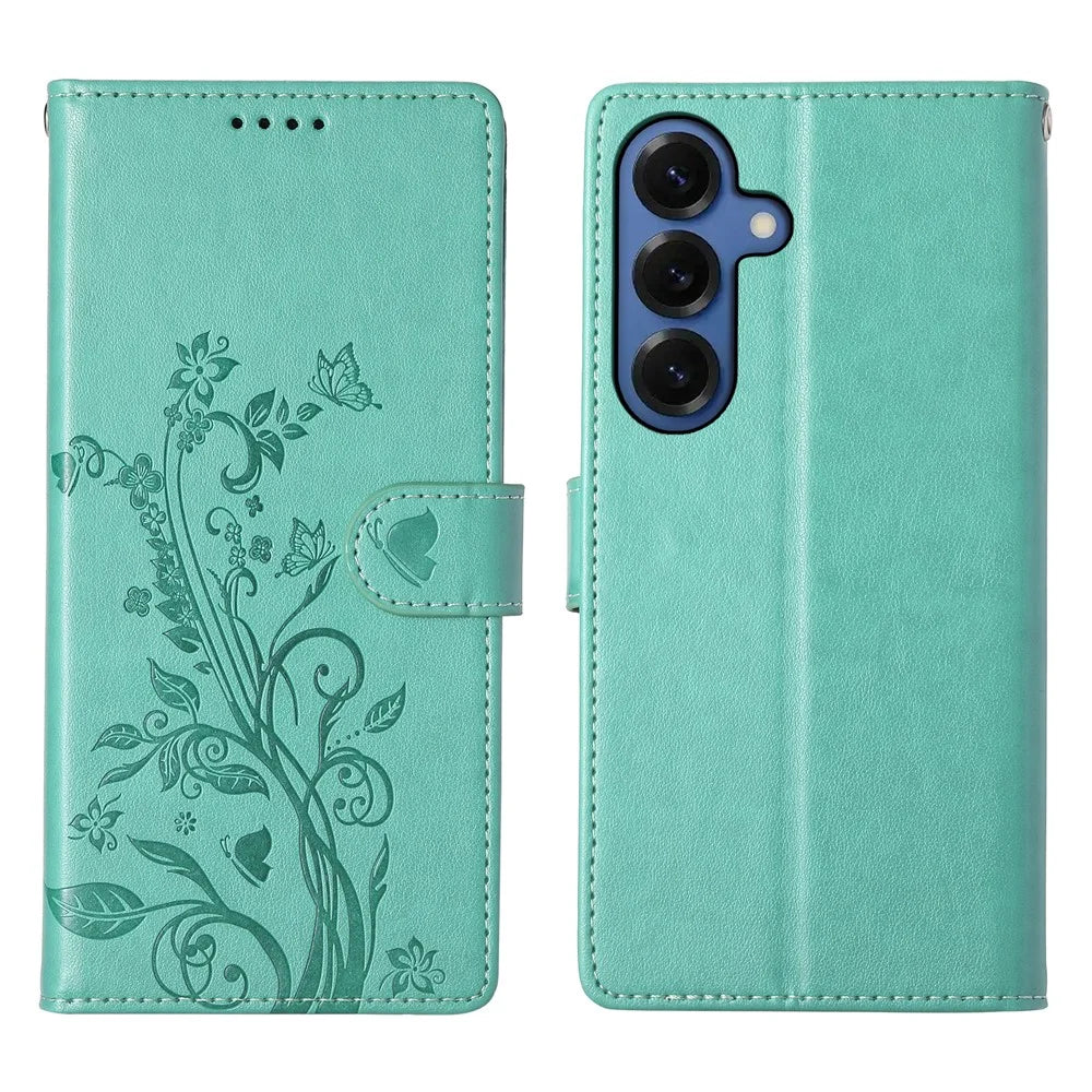 For Samsung Galaxy S26 Wallet Case Butterfly Floral Imprint PU Leather Phone Cover with Wrist Strap - Green - 1