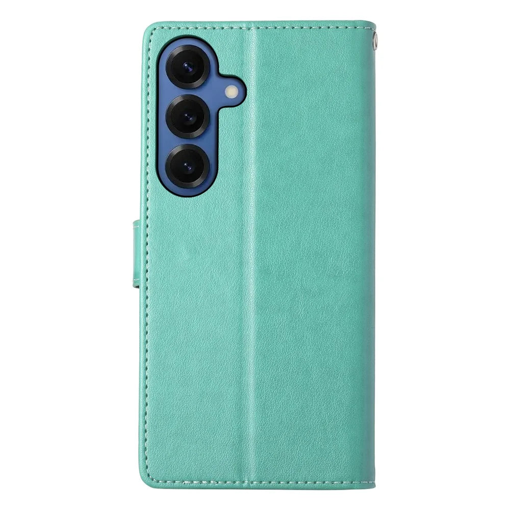 For Samsung Galaxy S26 Wallet Case Butterfly Floral Imprint PU Leather Phone Cover with Wrist Strap - Green - 7