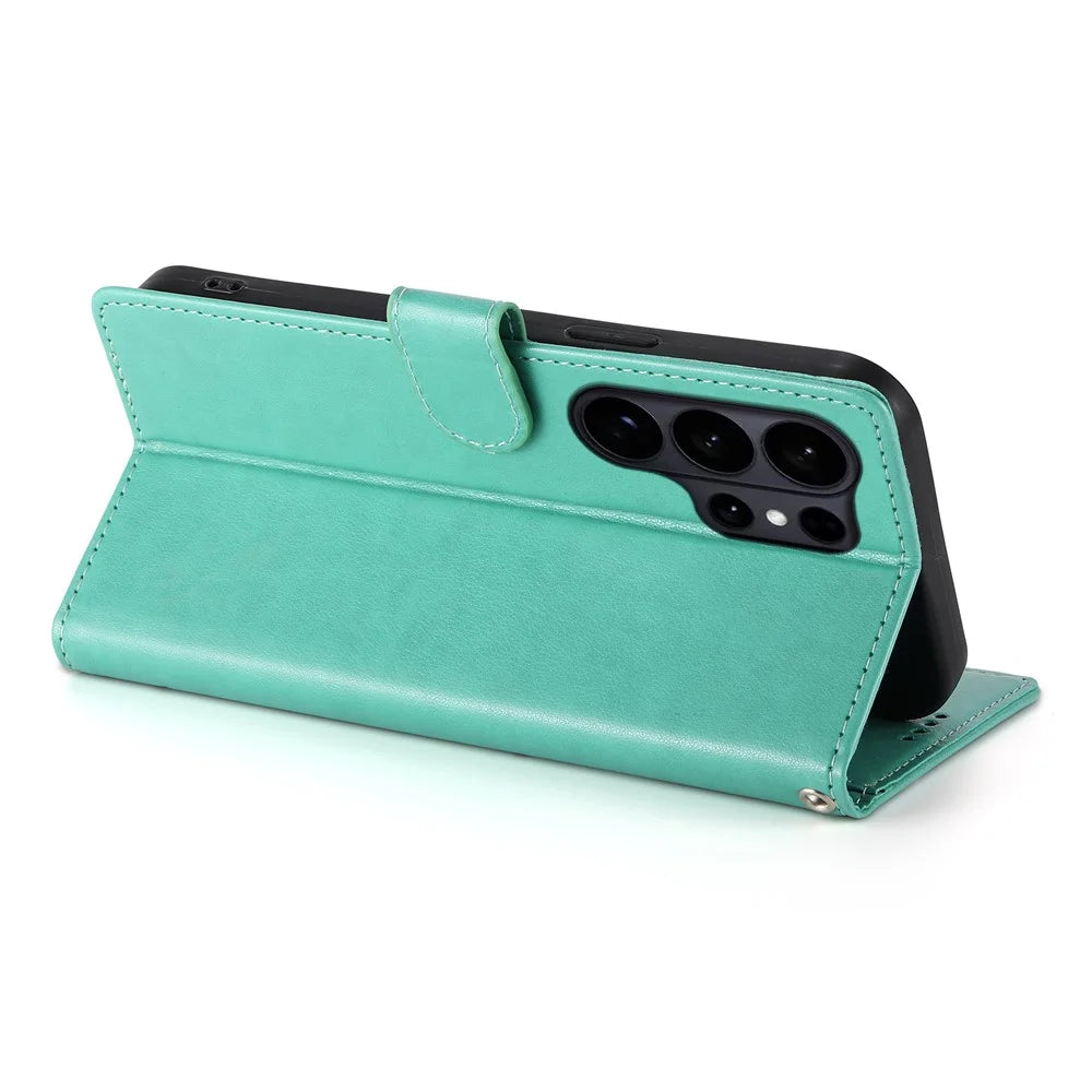 For Samsung Galaxy S26 Ultra Wallet Case Butterfly Floral Imprint PU Leather Phone Cover with Wrist Strap - Green - 4