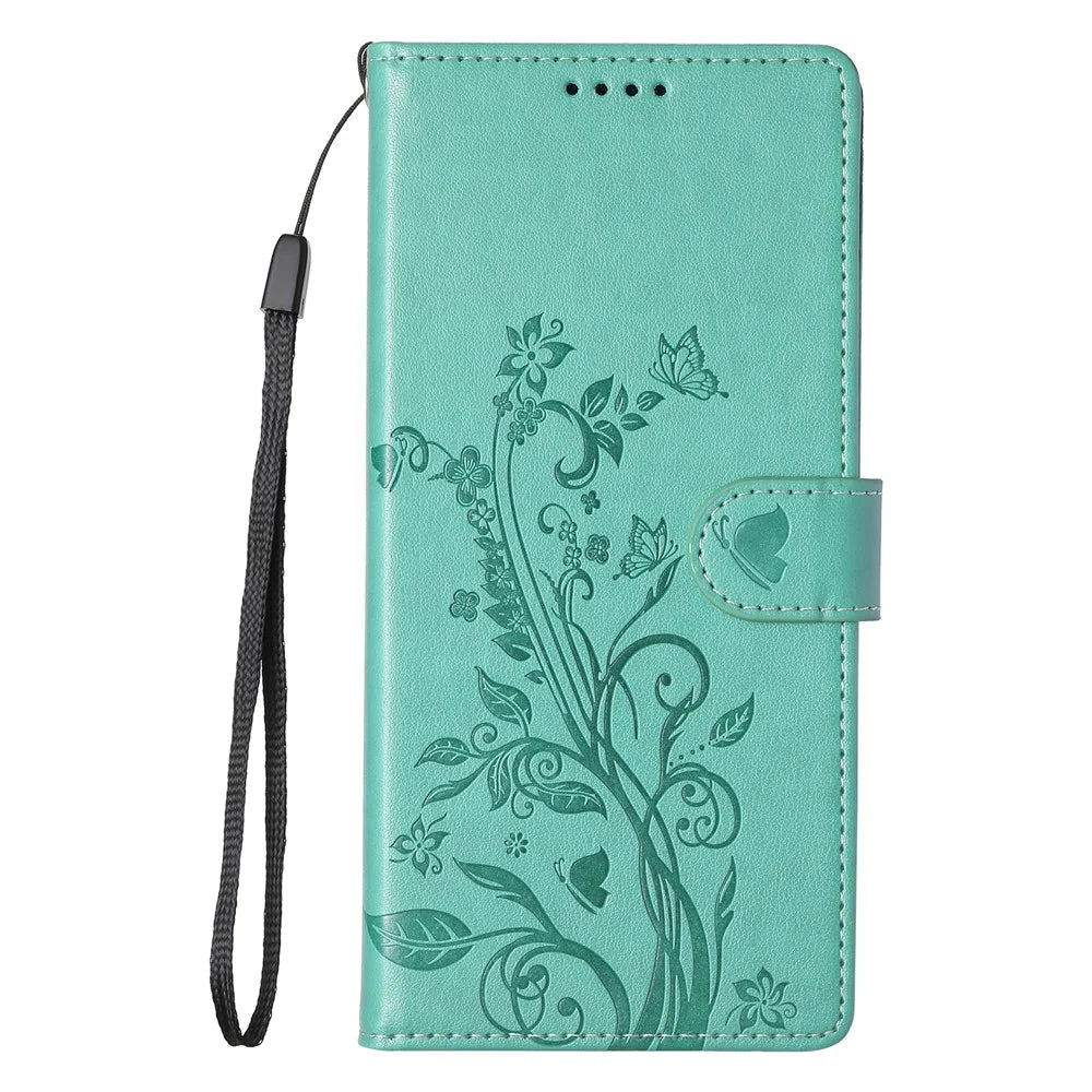 For Samsung Galaxy S26 Ultra Wallet Case Butterfly Floral Imprint PU Leather Phone Cover with Wrist Strap - Green - 6