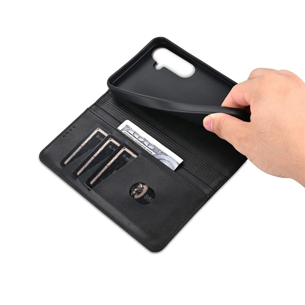 AZNS For Samsung Galaxy A37 5G Case Cowhide Texture PU Leather Wallet Phone Cover - Black - 5