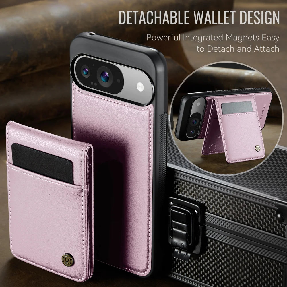 JEEHOOD For Google Pixel 10 Pro / Google Pixel 10 Leather Back Cover  J06 Magnetic Phone Case with Card Bag RFID Blocking - Pink - 4
