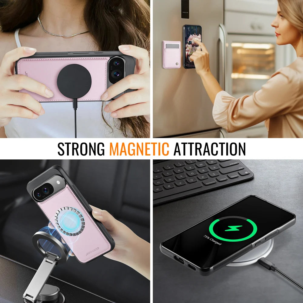 JEEHOOD For Google Pixel 10 Pro / Google Pixel 10 Leather Back Cover  J06 Magnetic Phone Case with Card Bag RFID Blocking - Pink - 6