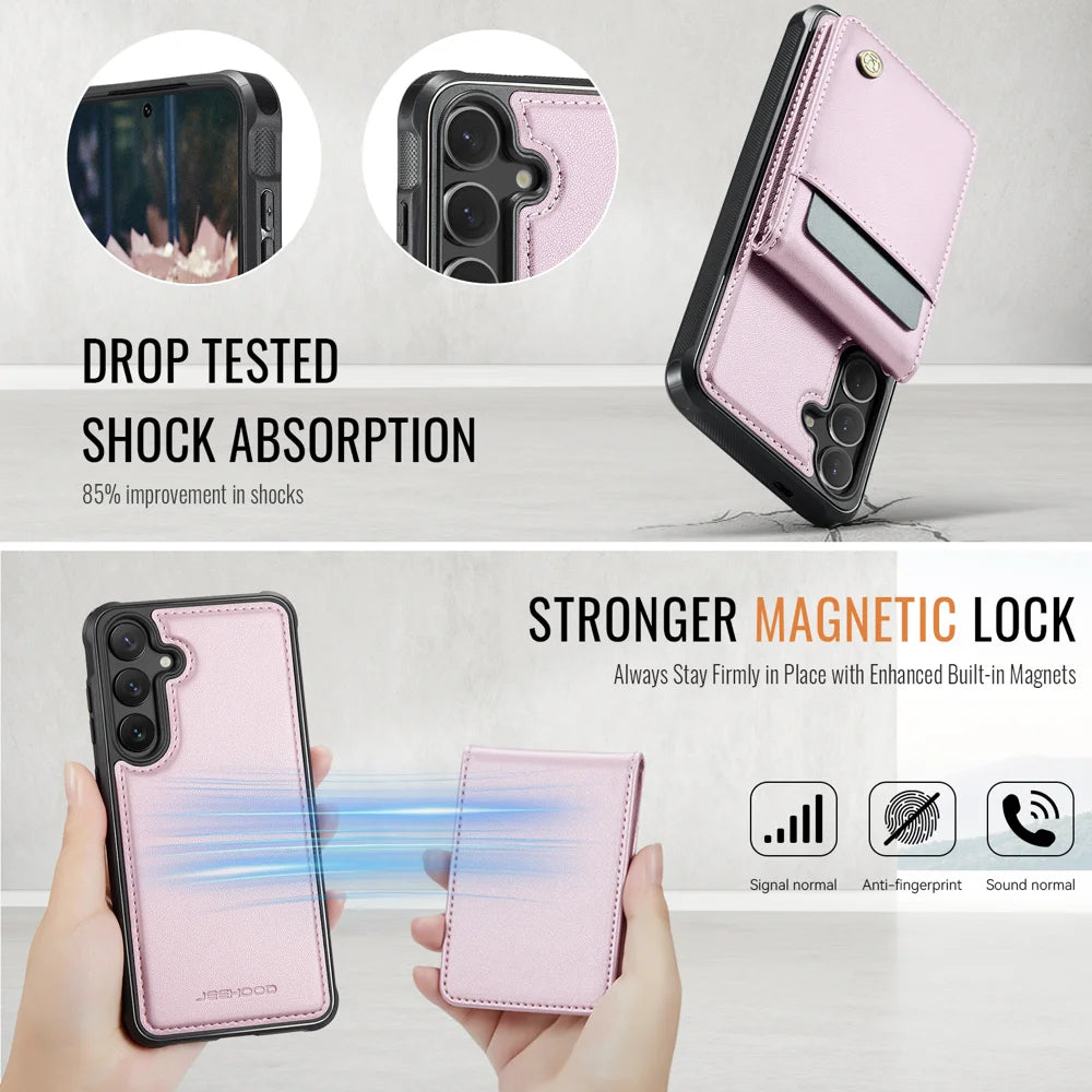 JEEHOOD For Samsung Galaxy S25 FE Leather Back Cover  J06 Magnetic Phone Case with Card Bag RFID Blocking - Pink - 3
