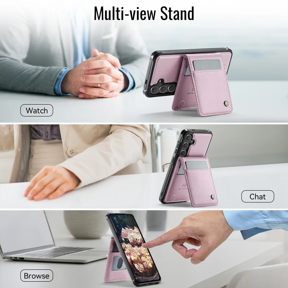 JEEHOOD For Samsung Galaxy S25 FE Leather Back Cover  J06 Magnetic Phone Case with Card Bag RFID Blocking - Pink - 5