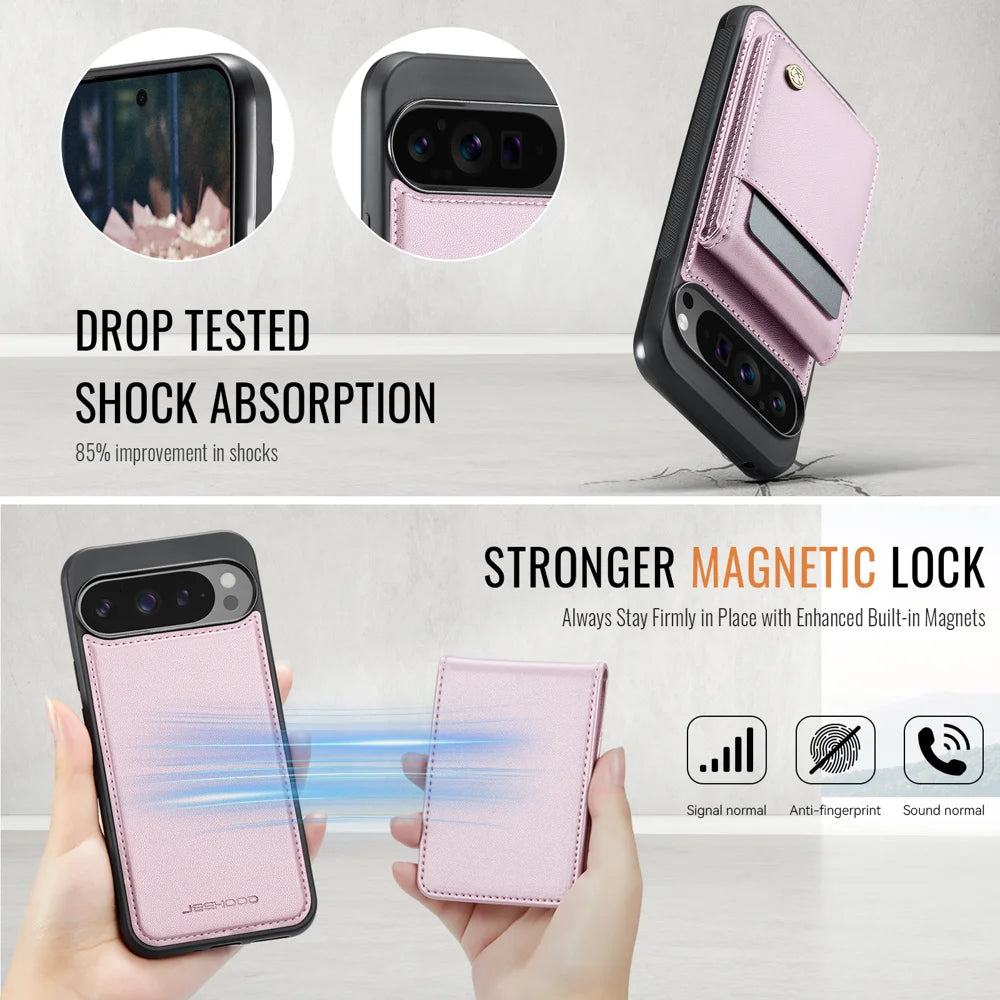 JEEHOOD For Google Pixel 10 Pro XL Leather Back Cover  J06 Magnetic Phone Case with Card Bag RFID Blocking - Pink - 3