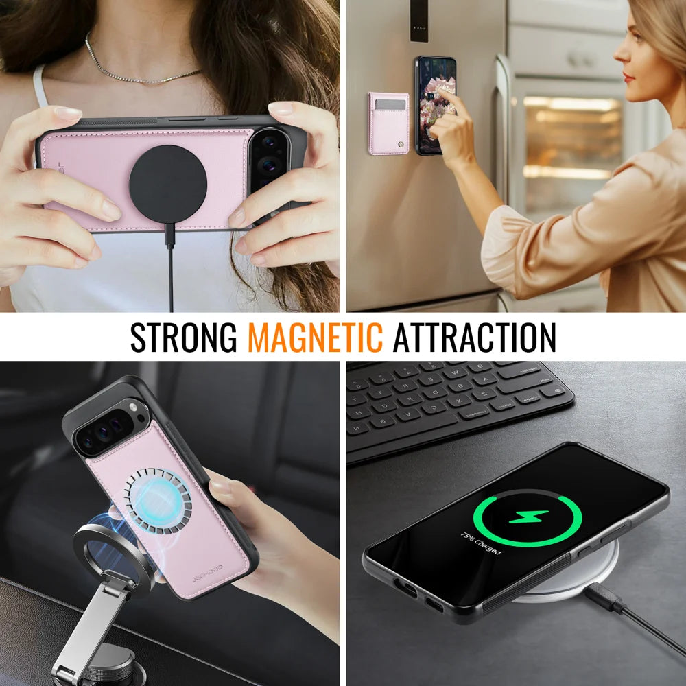 JEEHOOD For Google Pixel 10 Pro XL Leather Back Cover  J06 Magnetic Phone Case with Card Bag RFID Blocking - Pink - 6