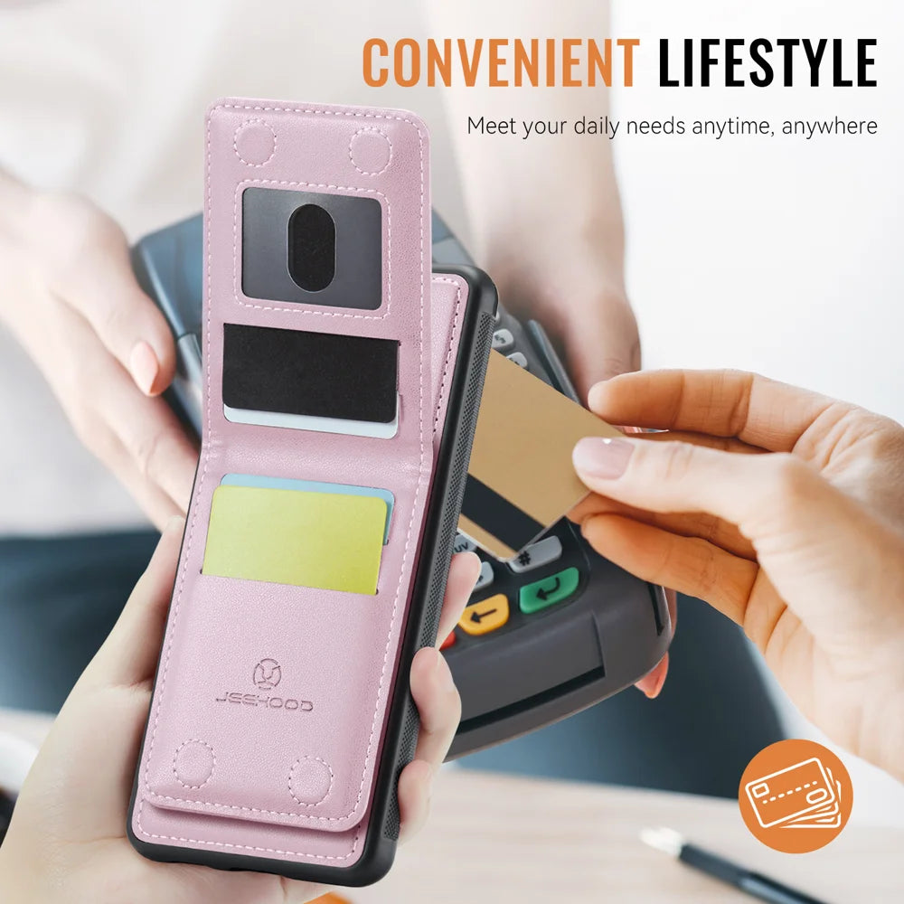 JEEHOOD For Google Pixel 10 Pro XL Leather Back Cover  J06 Magnetic Phone Case with Card Bag RFID Blocking - Pink - 7