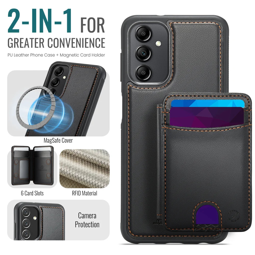 JEEHOOD For Samsung Galaxy A14 4G / Galaxy M44 5G / Galaxy A14 5G Magnetic Case  J10 Leather Back Phone Cover with Detachable Card Holder Kickstand - Black - 2
