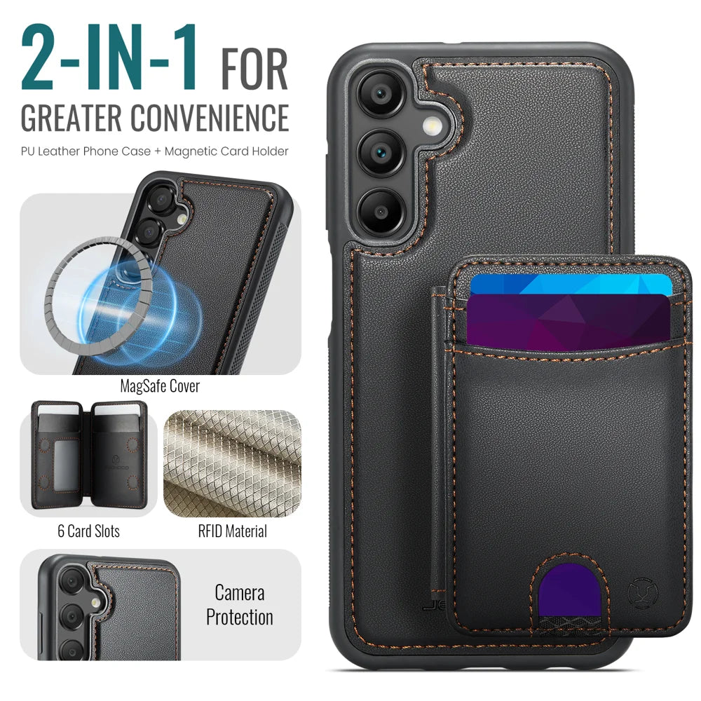 JEEHOOD For Samsung Galaxy A15 5G / Galaxy A15 4G Magnetic Case  J10 Leather Back Phone Cover with Detachable Card Holder Kickstand - Black - 2
