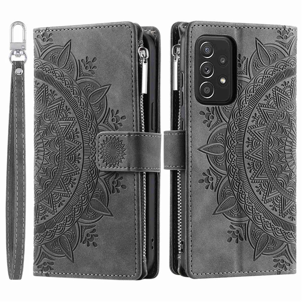 For Samsung Galaxy A23 4G / 5G (Global Version) / M13 4G / F23 5G / M23 5G PU Leather Phone Shell, Mandala Flower Imprinted Cover Stand with Multiple Card Slots Zipper Pocket Wallet Case - Grey - 1