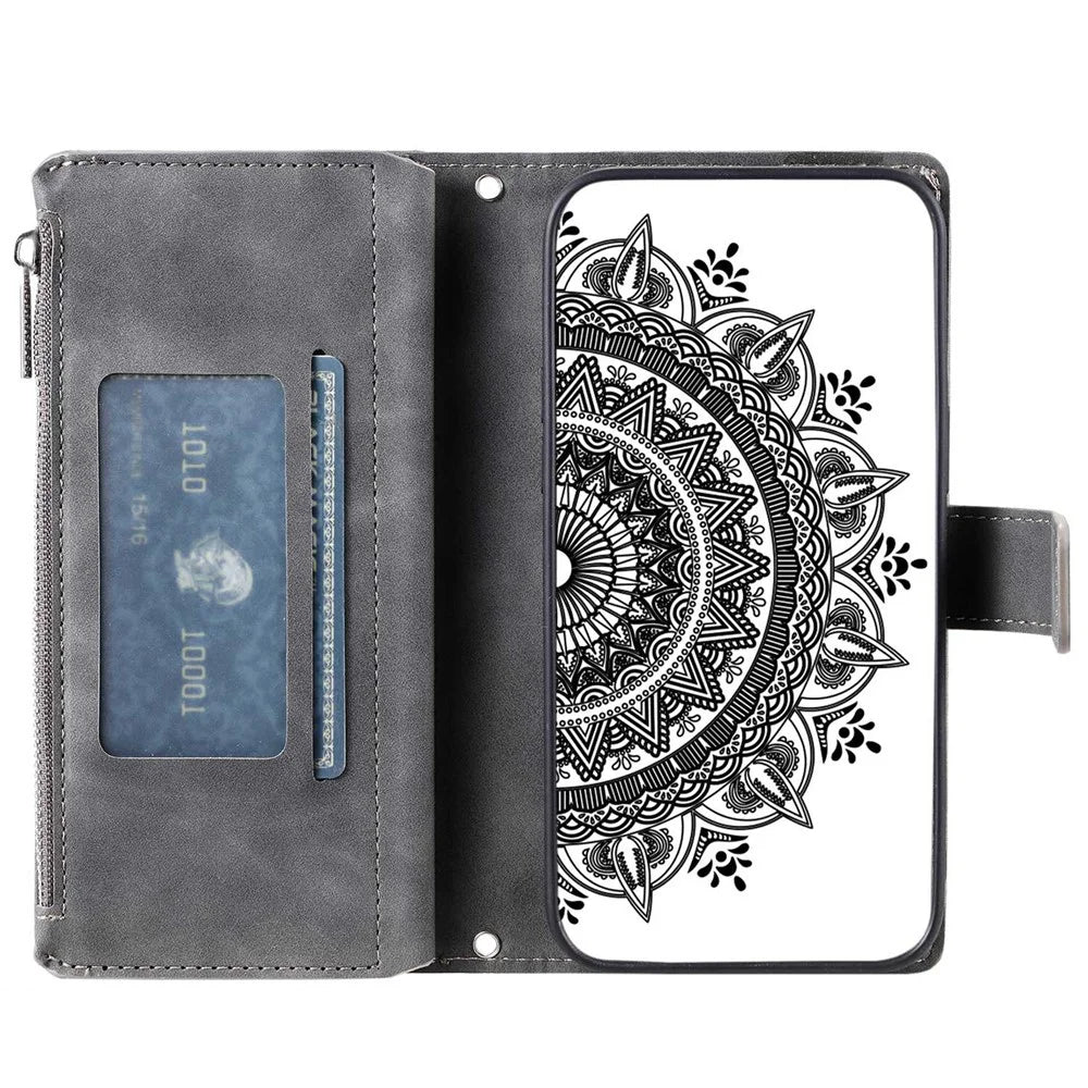 For Samsung Galaxy A23 4G / 5G (Global Version) / M13 4G / F23 5G / M23 5G PU Leather Phone Shell, Mandala Flower Imprinted Cover Stand with Multiple Card Slots Zipper Pocket Wallet Case - Grey - 2