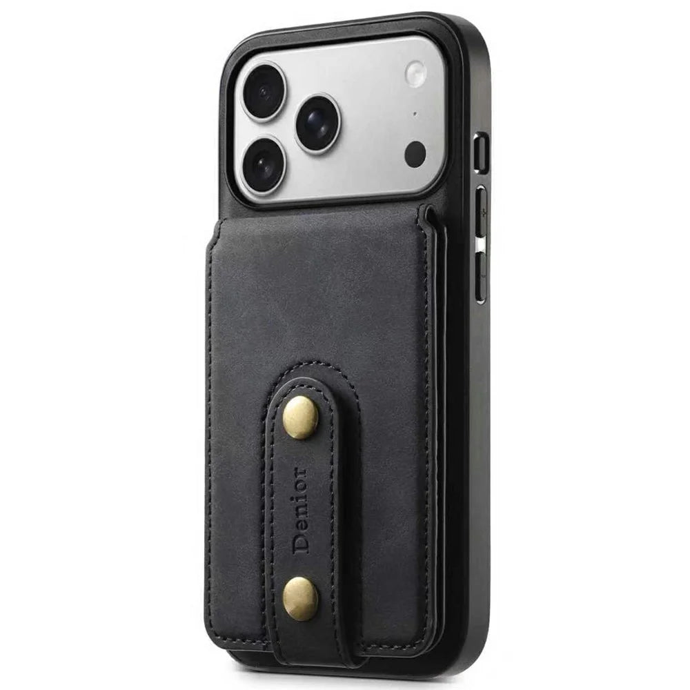 DENIOR D14 For iPhone 17 Pro Magnetic Case with Detachable Card Holder Kickstand PU+TPU+PC Phone Cover - Black - 2