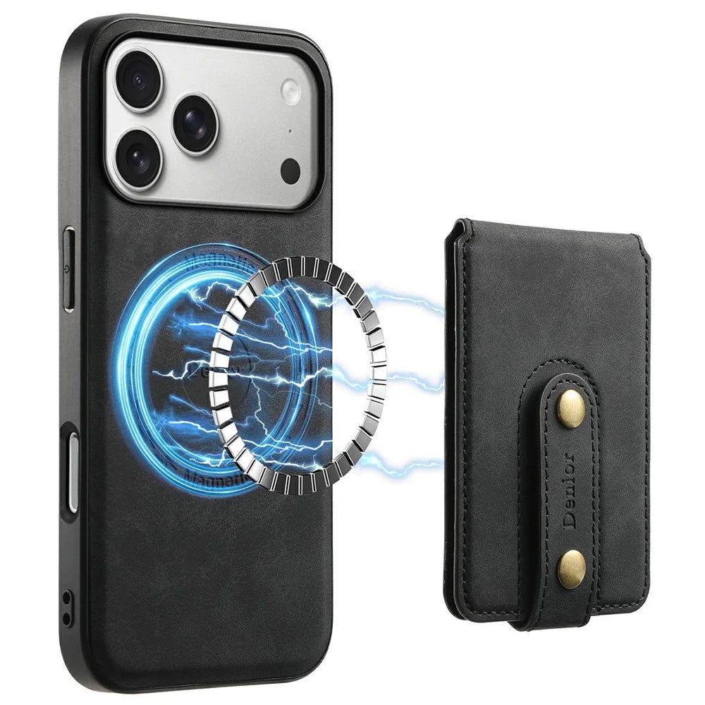 DENIOR D14 For iPhone 17 Pro Max Magnetic Case with Detachable Card Holder Kickstand PU+TPU+PC Phone Cover - Black - 1