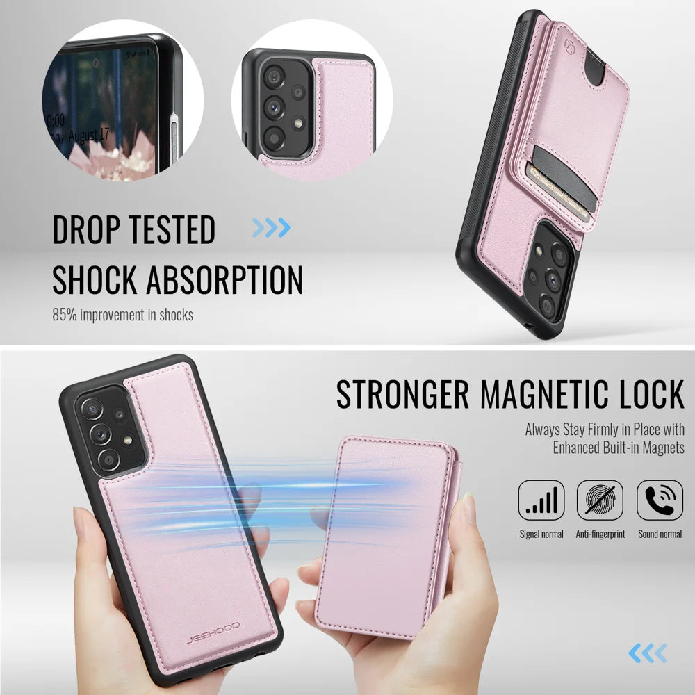 JEEHOOD For Samsung Galaxy A53 5G Magnetic Case  J10 Leather Back Phone Cover with Detachable Card Holder Kickstand - Pink - 3