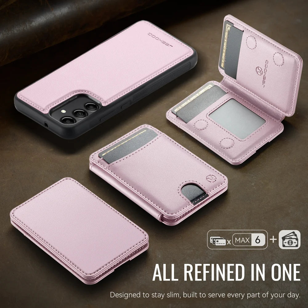 JEEHOOD For Samsung Galaxy A34 5G Magnetic Case  J10 Leather Back Phone Cover with Detachable Card Holder Kickstand - Pink - 5