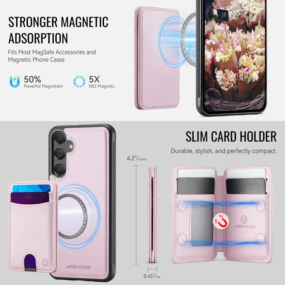 JEEHOOD For Samsung Galaxy A35 5G Magnetic Case  J10 Leather Back Phone Cover with Detachable Card Holder Kickstand - Pink - 6