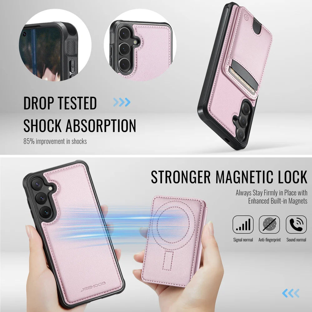 JEEHOOD For Samsung Galaxy S25 FE Magnetic Case  J10 Leather Back Phone Cover with Detachable Card Holder Kickstand - Pink - 3
