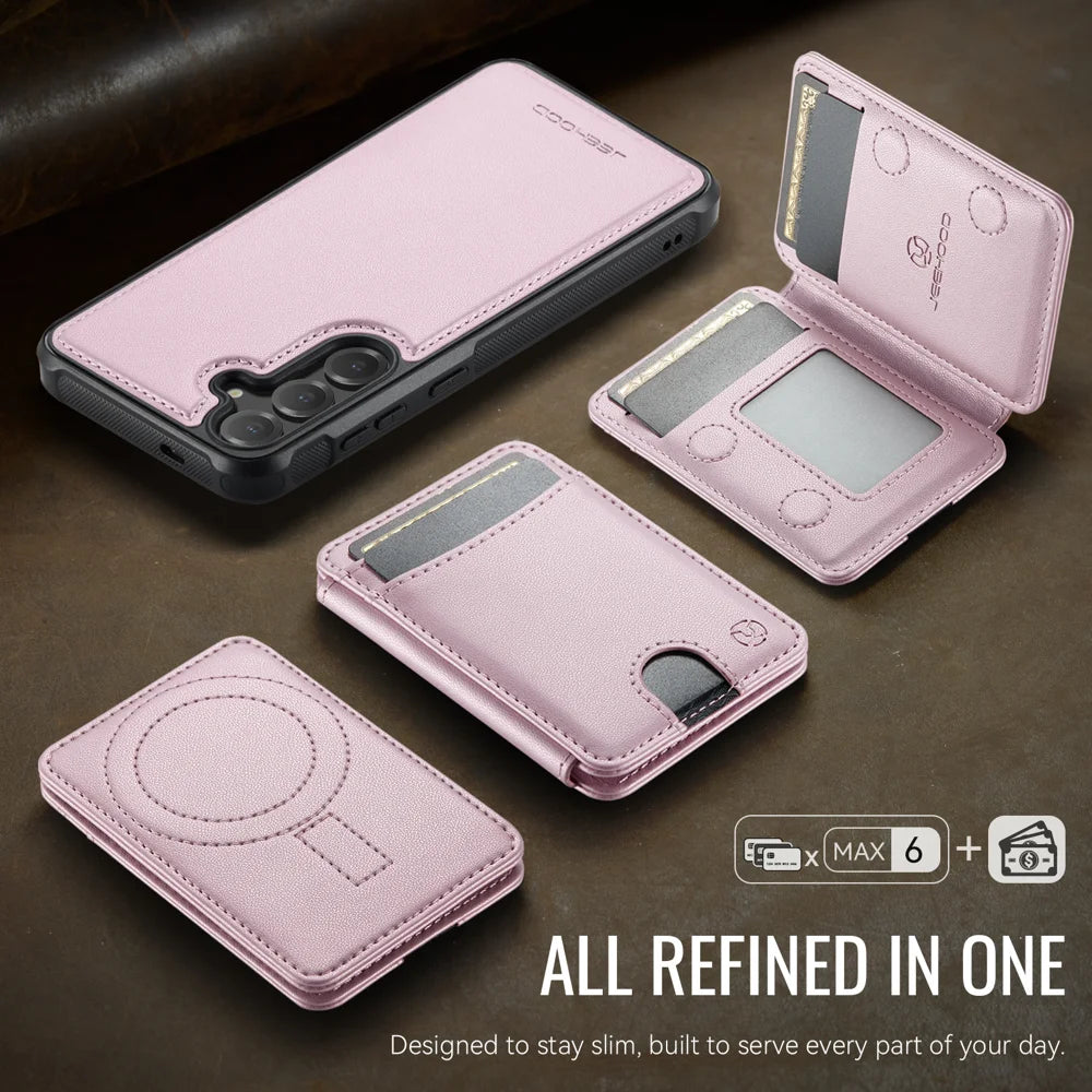 JEEHOOD For Samsung Galaxy S25 FE Magnetic Case  J10 Leather Back Phone Cover with Detachable Card Holder Kickstand - Pink - 5