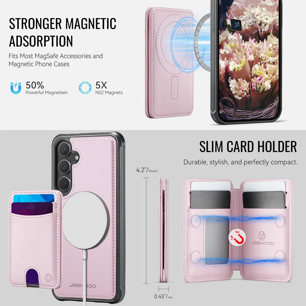 JEEHOOD For Samsung Galaxy S25 FE Magnetic Case  J10 Leather Back Phone Cover with Detachable Card Holder Kickstand - Pink - 6