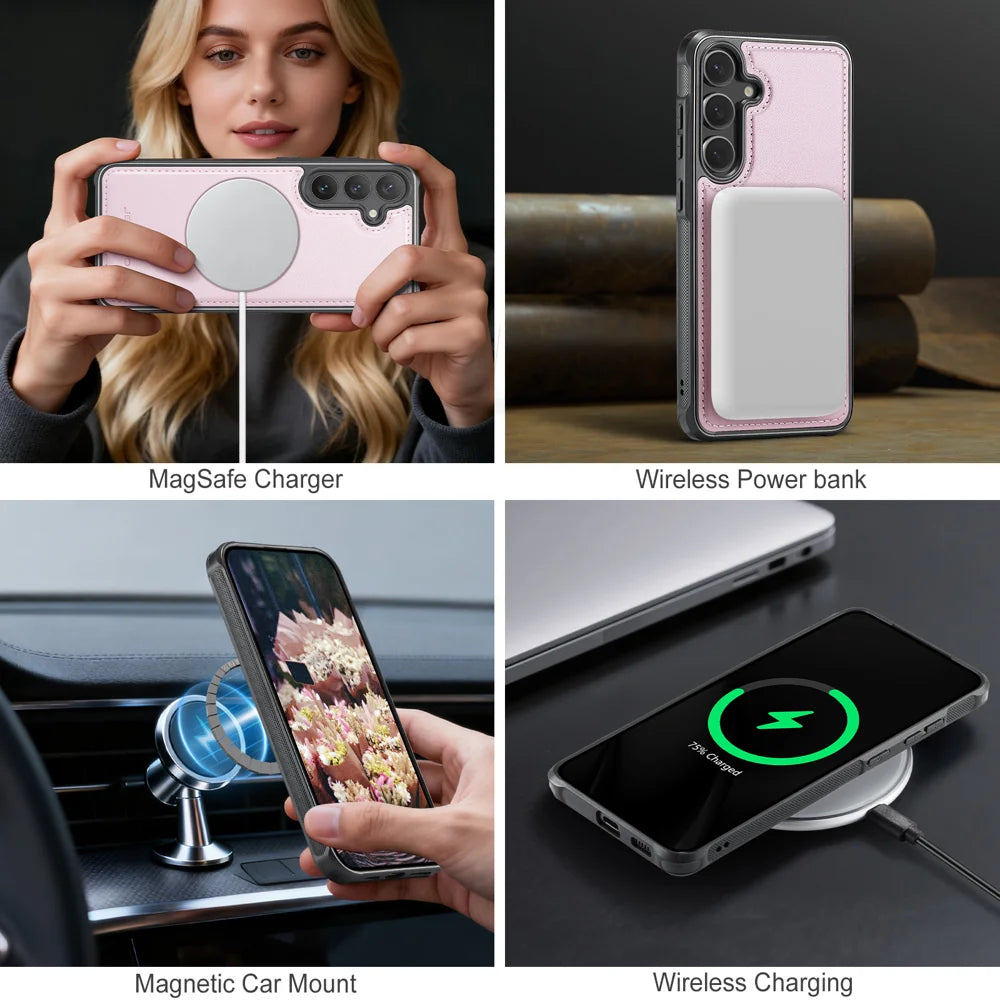 JEEHOOD For Samsung Galaxy S25 FE Magnetic Case  J10 Leather Back Phone Cover with Detachable Card Holder Kickstand - Pink - 7