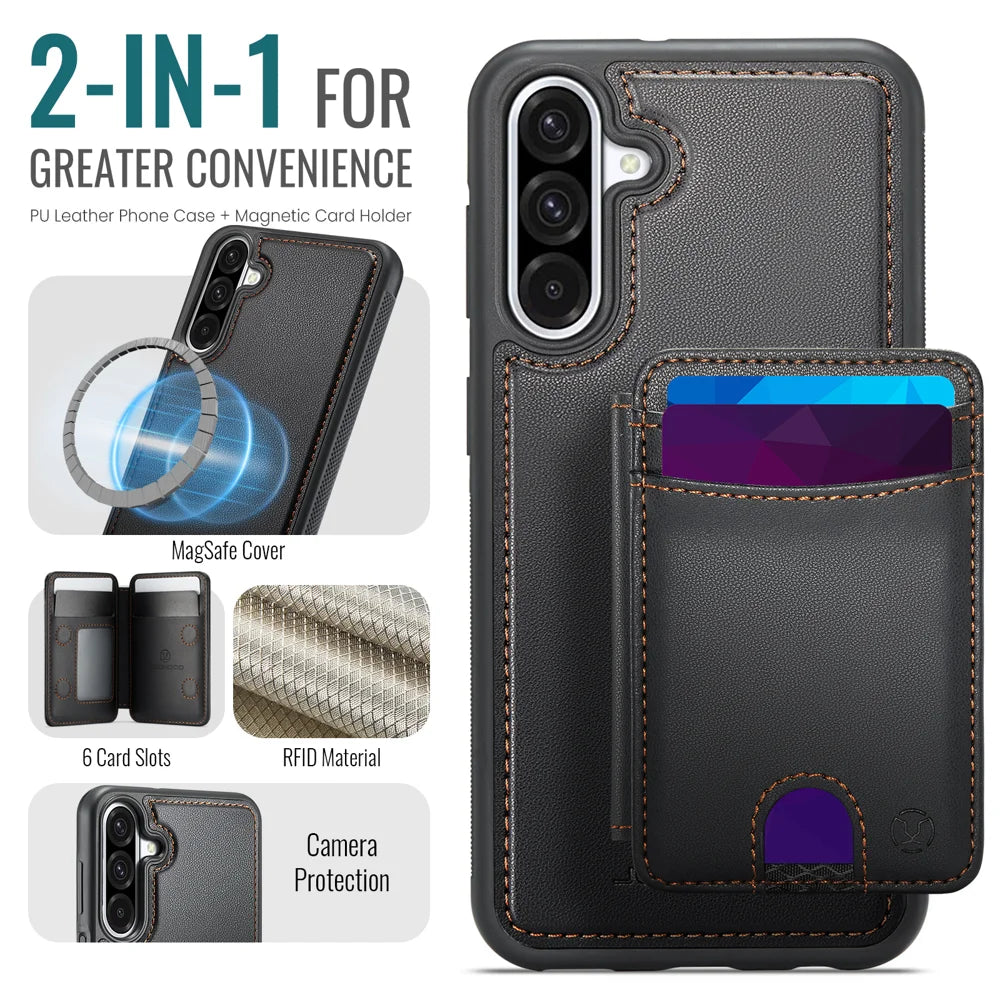 JEEHOOD For Samsung Galaxy A26 5G Magnetic Case  J10 Leather Back Phone Cover with Detachable Card Holder Kickstand - Black - 2