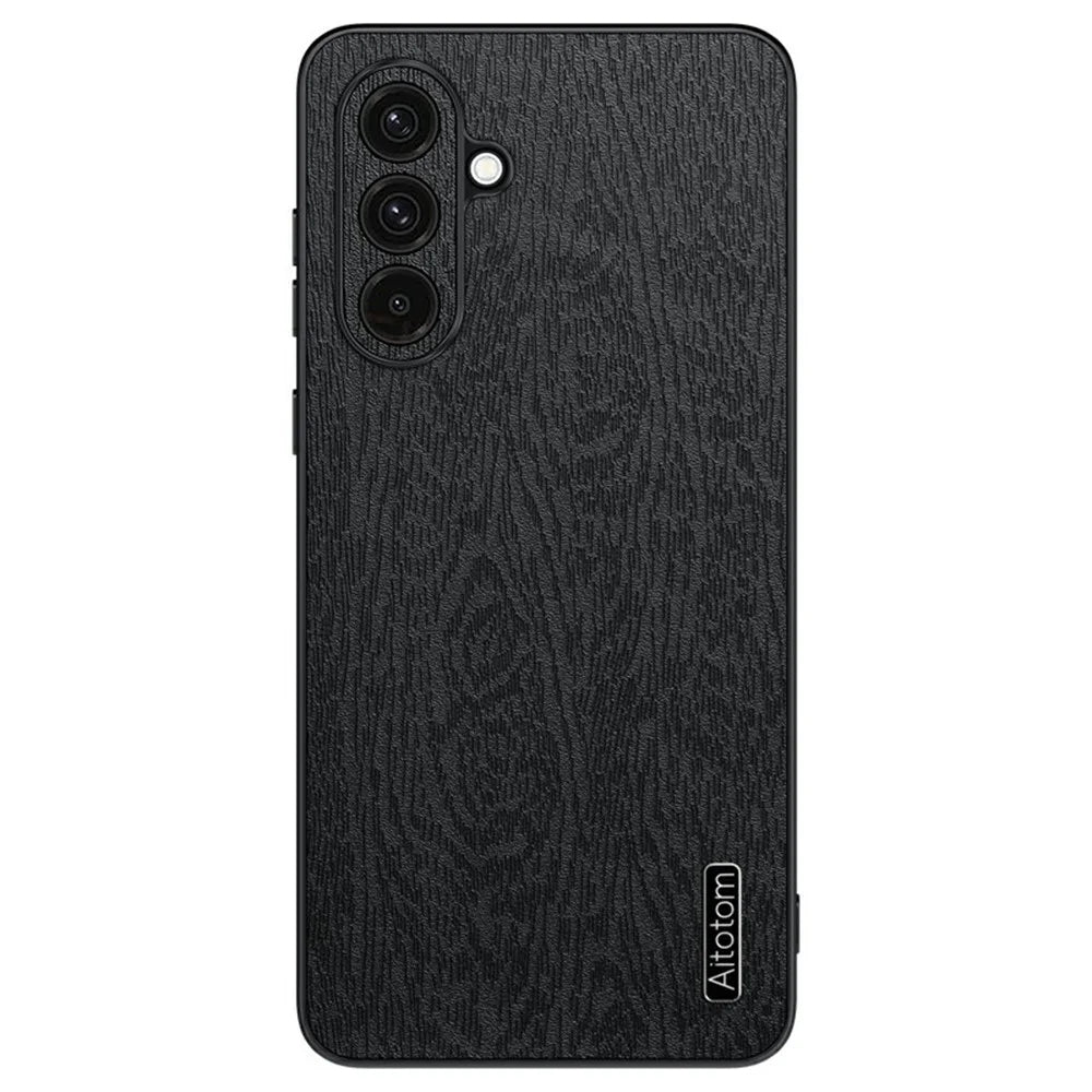 For Samsung Galaxy A57 5G Case Wood Texture PU Leather Coated PC TPU Phone Cover - Black - 1