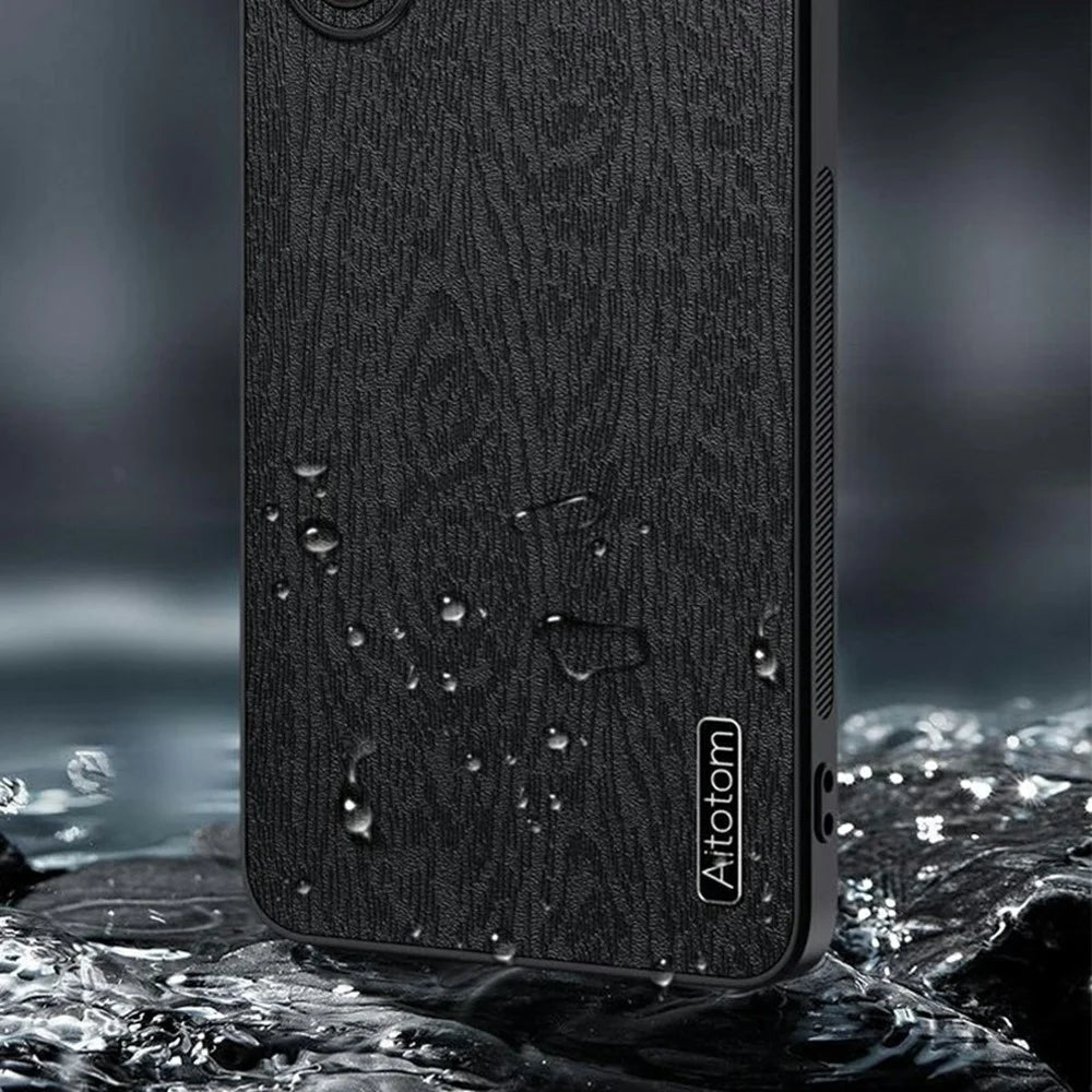 For Samsung Galaxy A57 5G Case Wood Texture PU Leather Coated PC TPU Phone Cover - Black - 6