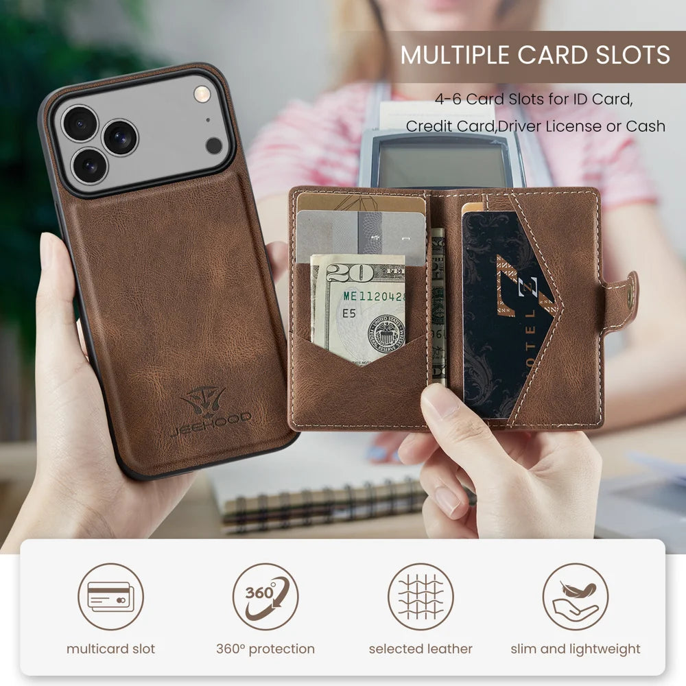 JEEHOOD For iPhone 17 Pro Case  J01 Retro Leather + TPU Phone Cover Detachable Magnetic Card Holder - Brown - 3