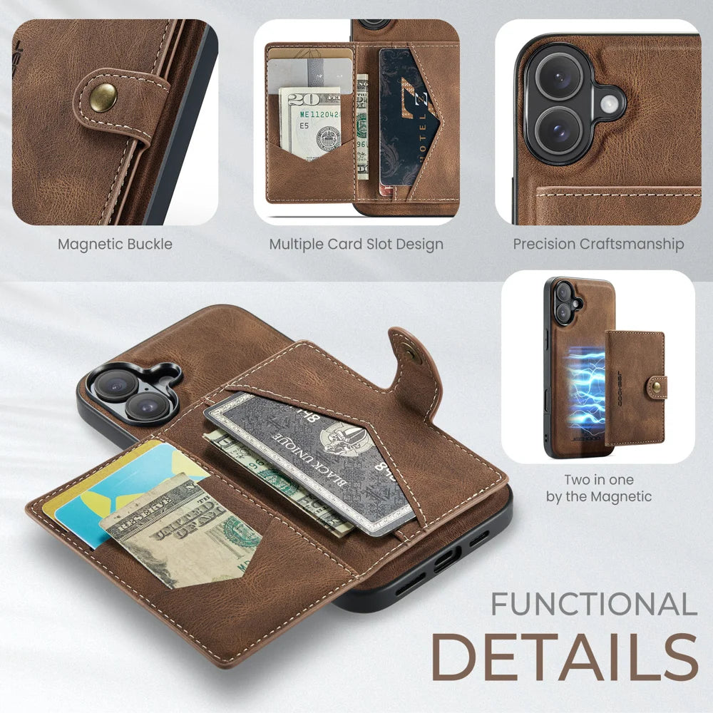 JEEHOOD For iPhone 17 Case  J01 Retro Leather + TPU Phone Cover Detachable Magnetic Card Holder - Brown - 2