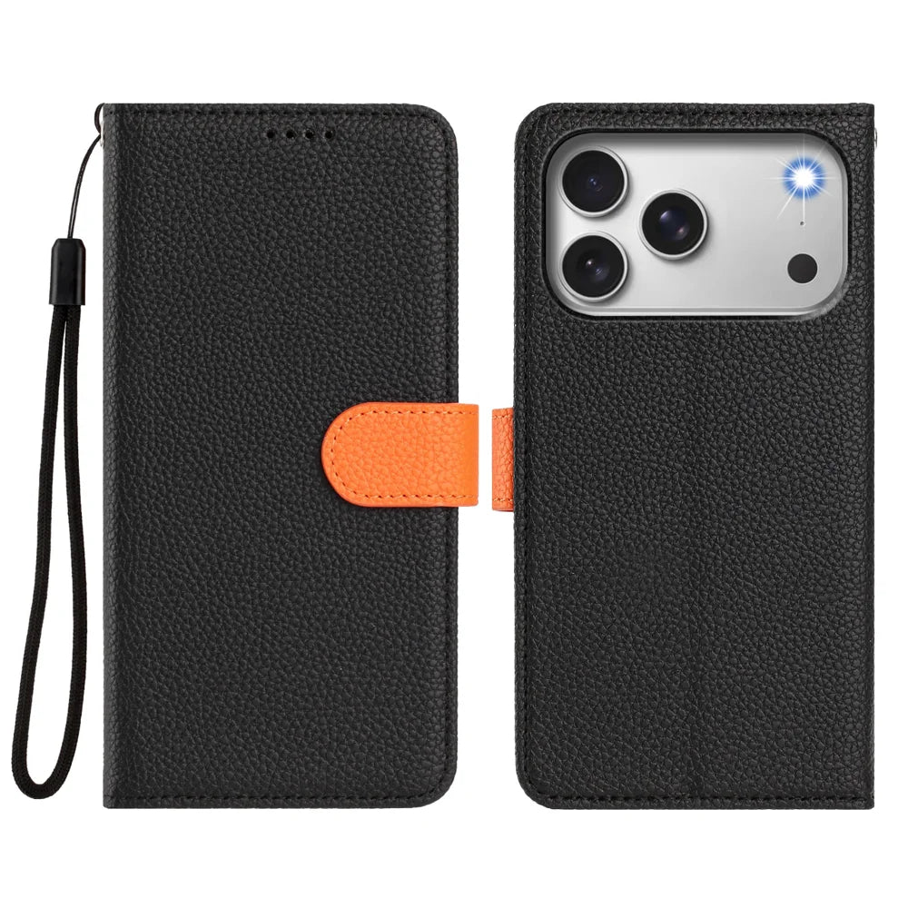 For iPhone 18 Pro Max / 17 Pro Max Leather Case Detachable Wallet Magnetic Phone Cover with Hand Strap - Black / Orange - 2
