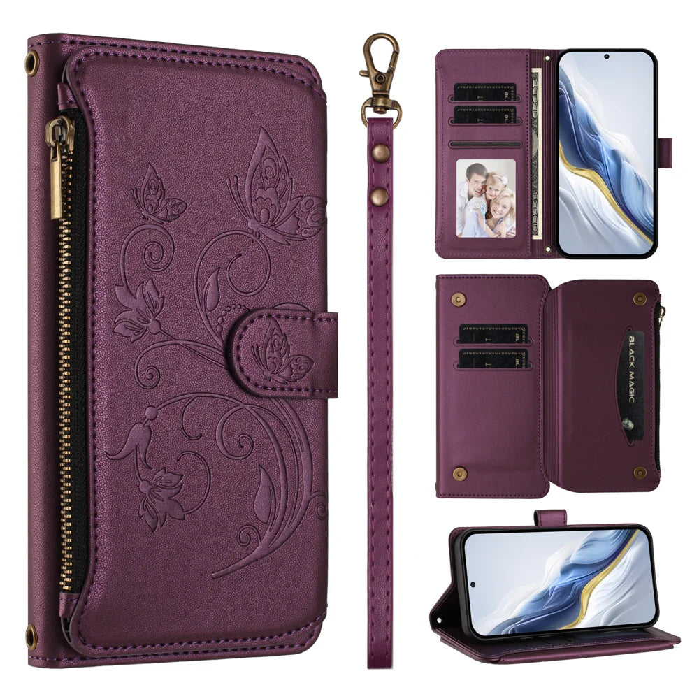 For Samsung Galaxy A57 5G Leather Case Butterfly Floral Imprint Zipper Wallet Stand Cover with Wrist Strap - Purple - 5