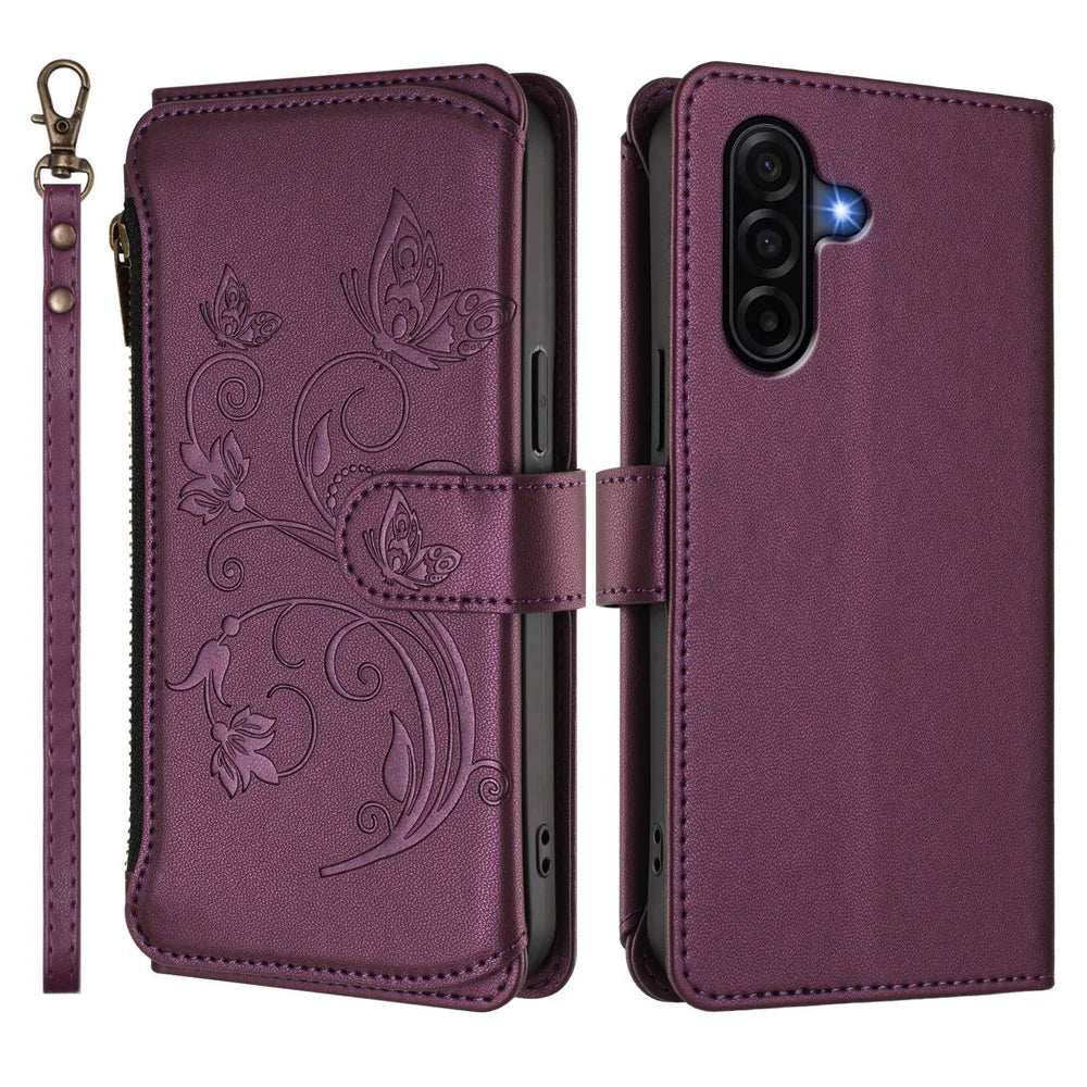 For Samsung Galaxy A37 5G / A36 5G / A56 5G Leather Case Butterfly Floral Imprint Zipper Wallet Stand Cover with Wrist Strap - Purple - 2