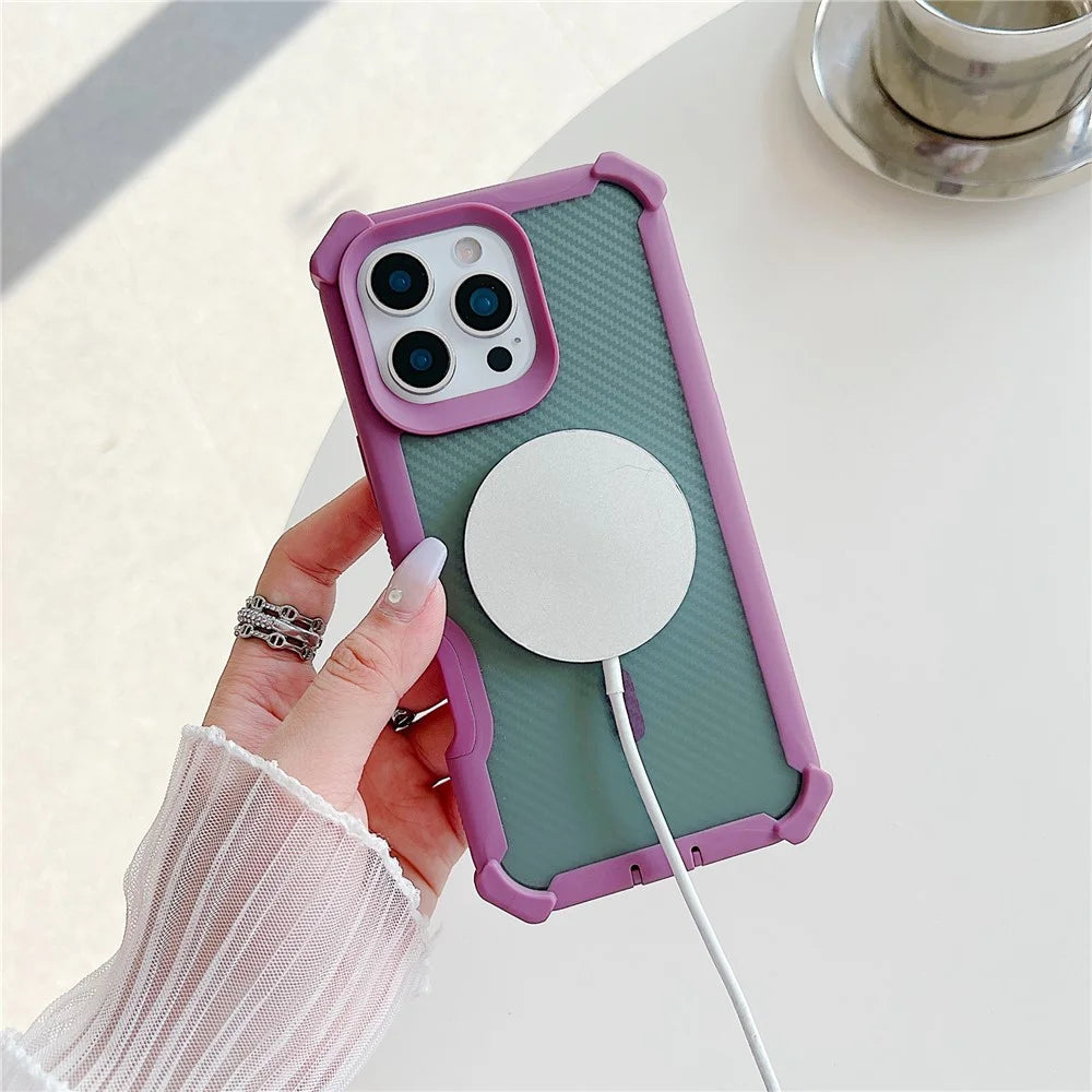 For iPhone 16 Pro Magnetic Case Carbon Fiber Texture TPU Protective Phone Cover With Tempered Glass  Compatible with MagSafe - Purple - 2