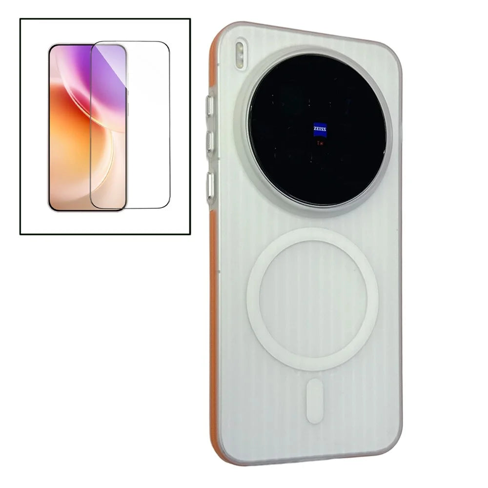 For vivo X300 Pro 5G TPU Magnetic Case Matte Corrugated Stripes Design Phone Back Cover with Tempered Glass  - Orange - 1