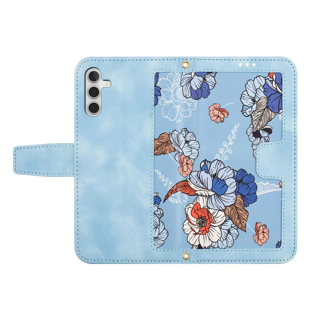 For Samsung Galaxy S26+ Case PU Leather Floral Phone Cover with Card Slots - Baby Blue - 5