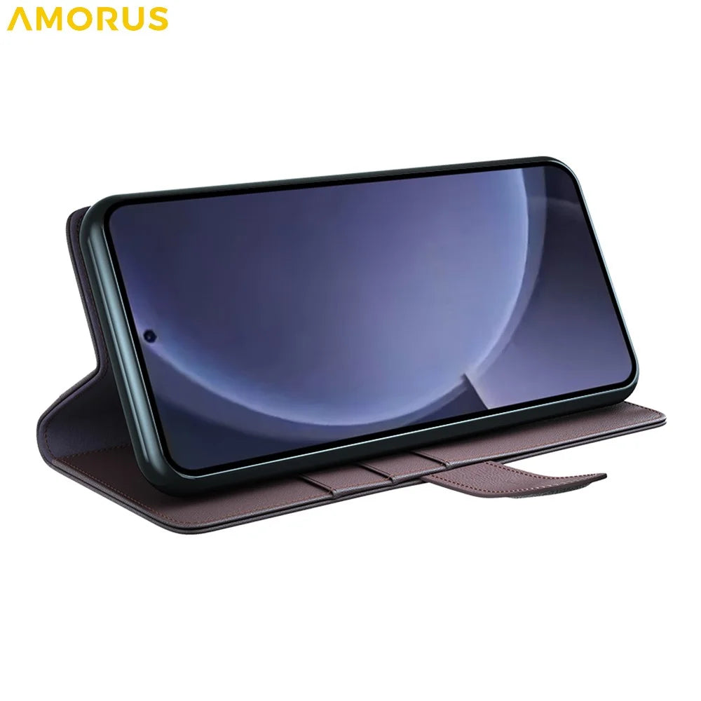 AMORUS For Samsung Galaxy S26 Stand Cases Calf Texture Genuine Split Leather Wallet Phone Cover - Brown - 3